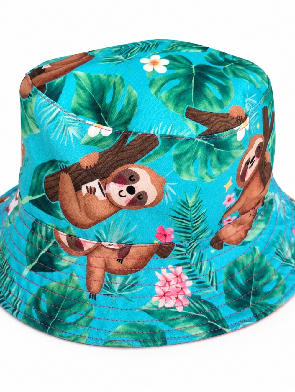 Tropical Reversible Sloth Print Bucket Hat  Turquoise/Pink